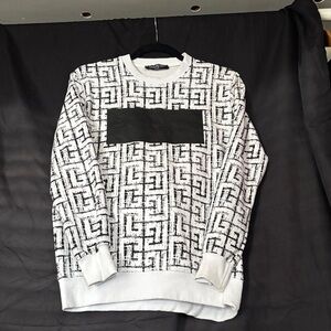Balmain White and Black Geometric Crewneck Sweater
